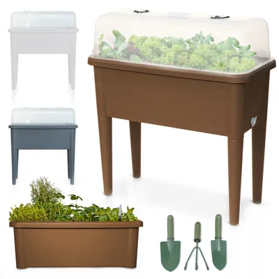 A collage of raised garden beds in different colors, along with gardening tools and a planted garden bed.