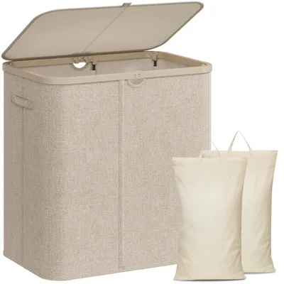 Produktbild von Faltbarer Wäschekorb mit Deckel und 2 Fächern, 140L, beige, ideal zur Organisation von Wäsche in der Waschküche, Schlafzimmer oder Badezimmer