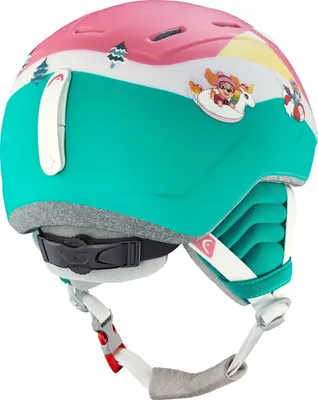 A child's ski helmet with cartoon graphics.