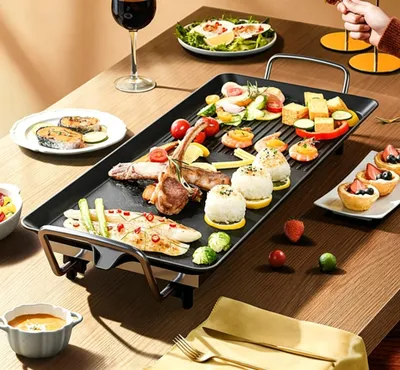 Obrázek produktu pro Teppanyaki grilovací deska, elektrický stolní gril s nepřilnavým povrchem, elektrický stolní gril pro venkovní použití, kempování nebo do zahrady, vhodný pro 1-6 osob, rozměry 48*27 cm