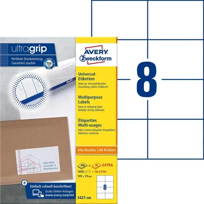 Image de Avery - Mehrzwecketiketten - weiß - 105 x 74 mm - 800 Etikett(en) (100 Bogen x 8) (3427-200)