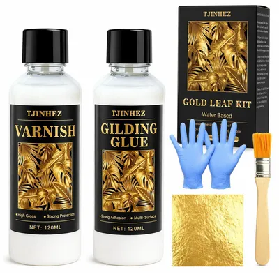 Immagine prodotto di Set di colla per foglia d'oro, 240 ml, a base d'acqua, con vernice protettiva e pennello, ideale per lavori manuali, arte, mobili