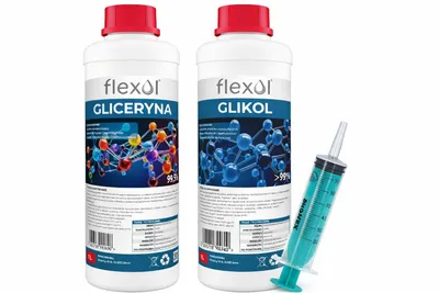 Zdjęcie produktu dla Glikol propylenowy 0,5L + Gliceryna roślinna 0,5L + butelka PET 60 ml Gliceryna 0,5L+Glikol 0,5L + gratis Flexol
