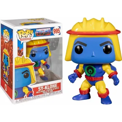 A Funko Pop! vinyl figure of Sy-Klone from Masters of the Universe, shown both in its packaging and out of the box.