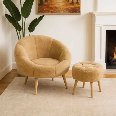 Produktbild von Hanah Home, Hochwertiges Flügelstuhl- und Pouffe-Set (2 Teile) | 100% Melamin | Braun
