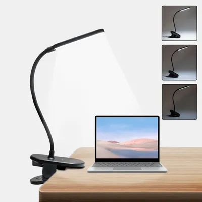 Immagine prodotto di Lampada da lettura a clip LQWELL® per letto, alimentata a batteria, con dimmer, 3 livelli di luminosità e morsetto flessibile a 360°, lampada da scrivania per l'ufficio domestico (nera)