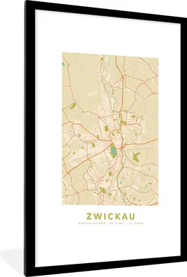 Produktbild von MuchoWow® Gerahmtes Poster Karte - Zwickau - Karte - Vintage - Stadtplan 60x90 cm - Poster mit Schwarzem Bilderrahmen Wandposter Rahmen Foto Bilder - Dekoration - Wandposter Wohnzimmer - Hochwertig