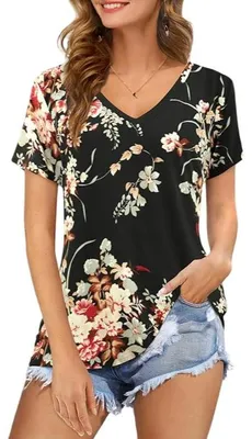 Produktbild von Damenbluse T-Shirt Basic mit Blumen Stilvolles Sommer Lässig Schwarz L