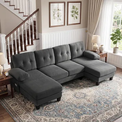 Produktbild von 4-Sitzer U-förmiges Sofa mit Chaiselongue, Modernes Polstersofa aus Chenille, Schlafsofa mit verstellbarer Rückenlehne, für Wohnzimmer & Büro, Grau