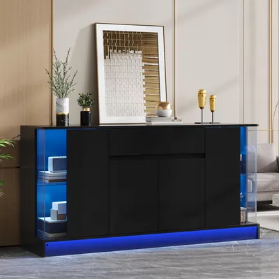 Immagine prodotto di Mobile contenitore Moonbite da 150 cm con 2 vetrine, un cassetto e ante doppie, mobile contenitore nero lucido, realizzato in pannello truciolare, colore nero