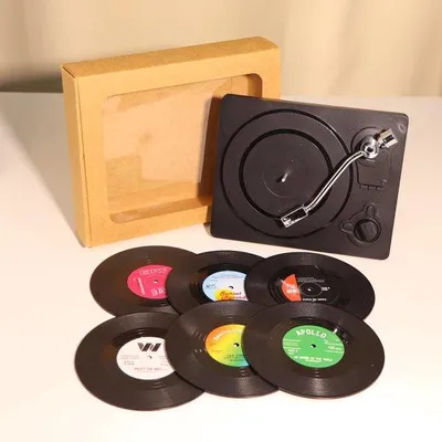 Produktbild von Retro-Plattenonderzetters-Set mit Antislip-Design, 6-teilig, klassisch, 10,5 cm