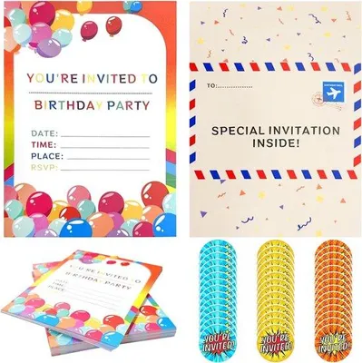 Productafbeelding van Famanu uitnodigingskaarten voor kinderfeestjes - 42 kleurrijke regenboogkaarten met stickers