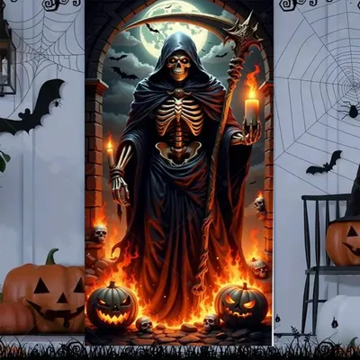 Produktbild von Halloween Türbanner Grusel Skelett Sensenmann Geist Horror Haustür Dekoration Wanddeko Hintergrund - Modell: Variante 5, Größe: 90 x 120 cm
