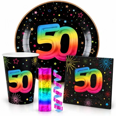 Produktbild von 50. Geburtstag Einweggeschirr bunt Partyset Party Geschirr Pappteller Pappbecher Servietten