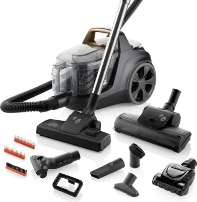A vacuum cleaner and its accessories are displayed against a white background.