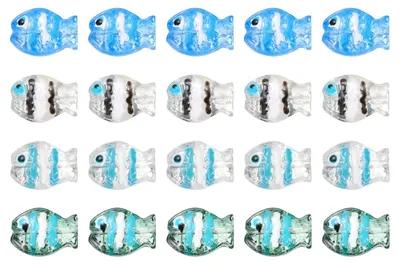20 mundgeblasene Fisch-Glasperlen, grau/weiß/blau/grün, 10x14 mm