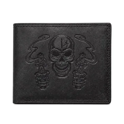 Produktbild von RFID Büffel Echt Leder Geldbörse Portemonnaie mit geprägtem Totenkopf Pistolen - Motiv Schwarz Querformat