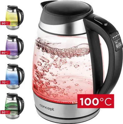 Collage of a glass electric kettle with varying water temperatures indicated by color.