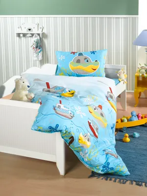 Produktbild von 2 tlg. Kinder-Bettwäscheset U-Boot | 100% Baumwolle | Renforcé Bettwäsche | Kopfkissen 40x60 Bettdecke 100x135cm