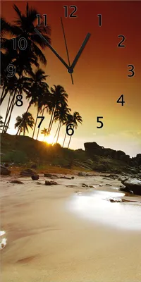 Produktbild von Wallario Design Wanduhr bedruckt, Größe 30 x 60 cm, Motiv: Sri Lanka - Palmenstrand mit Sonnenuntergang