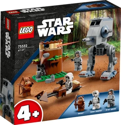 LEGO Star Wars AT-ST set packaging, showing the assembled toy with minifigures and a forest-like background.