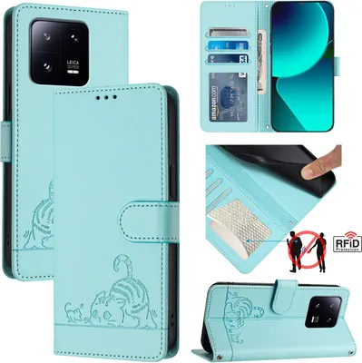 Produktbild von Leder Hülle für Xiaomi 13 Pro Süße Katze Flip Case Brieftasche Schutzhülle mit Standfunktion hellgrün