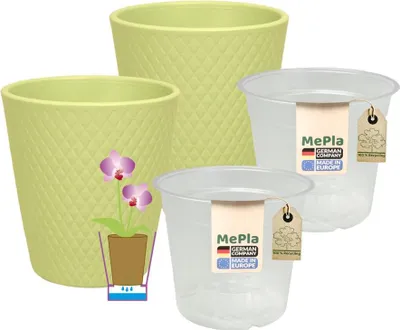 Produktbild von MePla - 2 Stück - Orchideenübertopf Harlekin ø 14 Pistazie + Pflanztopf Orchidee ø 12