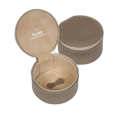 Produktbild von Schmuckbox Betsy nature aus taupefarbenem Leder, rund, handmade