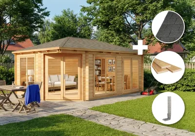 Produktbild von Alpholz Gartenhaus Set Julia 598x410cm Natur mit Boden & Dacheind.