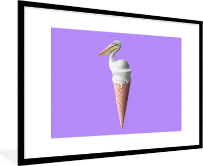 Produktbild von MuchoWow® Gerahmtes Poster Eiscreme - Vogel - Pelikan - Weiß - Eistüte 90x60 cm - Poster mit Schwarzem Bilderrahmen Wandposter Rahmen Foto Bilder - Wanddekoration - Fotos