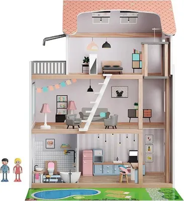 Produktbild von PLAYTIVE Puppenhaus Holz 39-teilig Puppenstube Spielhaus
