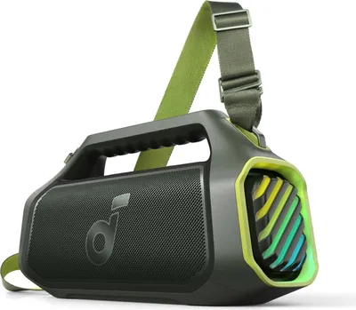 A portable speaker with a strap, shown against a white background.