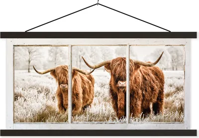 Produktbild von MuchoWow® Textilposter Schottisches Hochlandrind - Kuh - Ansicht 150x75 cm mit schwarzem Rahmen - Posterleiste