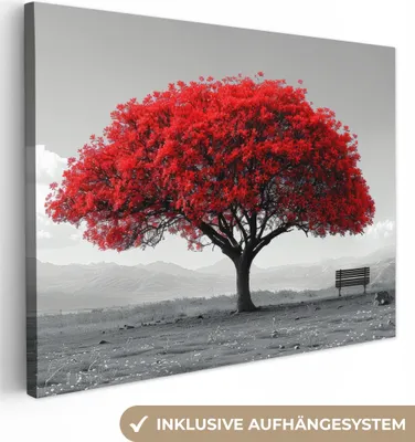 Produktbild von Leinwand Bilder 80x60 cm - Lebensbaum - Rot - Natur - Schwarz-Weiß, Bilder, Wanddeko Wohnzimmer