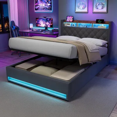 Produktbild von STILVORA Polsterbett 140×200 mit bettkasten,Stauraumbett Boxspringbett mit USB-Anschluss und LED-Licht,Funktionsbett ohne matratze,mit Stauraum,grau