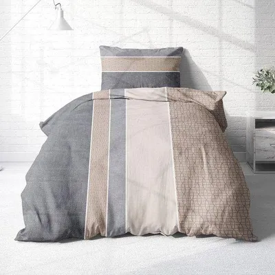 Zdjęcie produktu dla Pościel w paski, 100% bawełna, szaro-beżowo-brązowa, 135 x 200 cm