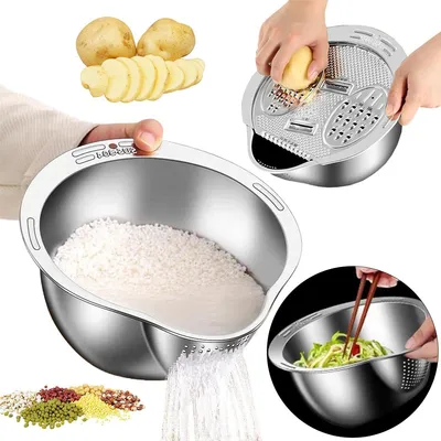 Produktbild von Reiswäscher Siebschale mit Reibe, 4-in-1-Waschschüssel für Quinoa, Edelstahl-Reisspüler mit seitlichen Abtropfgestellen, kleines Sieb zum Reinigen