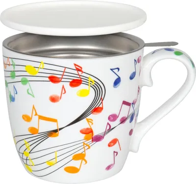 Produktbild von KÖNITZ 115S572300 Becher Flying Notes 425 ml mit Sieb und Deckel, Bone China Porzellan