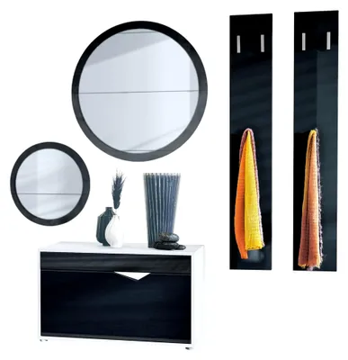 Produktbild von Garderoben-Set Espoo, Flurgarderobe mit Schuhbank, 2 Wandpaneelen und 2 runden Wandspiegeln, Weiß matt/Schwarz Hochglanz