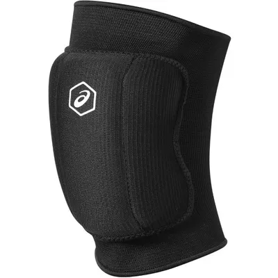 A black Asics knee pad shown from a side angle against a white background.