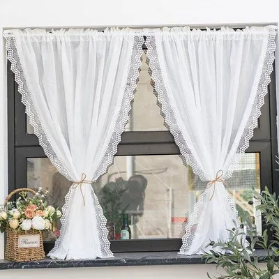 Image de Vitrage en lin blanc avec bords blancs - Décoration murale élégante - Pièce unique - 150 x 160 cm