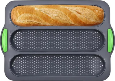 Produktbild von Baguette Backform aus Silikon – Hochwertiges Baguetteblech mit Drei Schlitzen, Perfekt zum Backen von Baguettes, Hotdogs und Brot, Antihaft Silikon