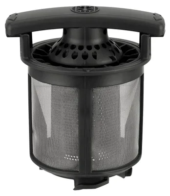 A black dishwasher filter basket with a mesh cylinder and a handle on top.