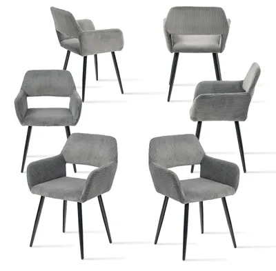 6er-Set Esszimmerstühle, Cord, grau, skandinavisch, mit Armlehnen