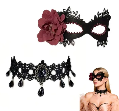 Venetianische Maske mit roten Blumen und Kette, schwarz-rot