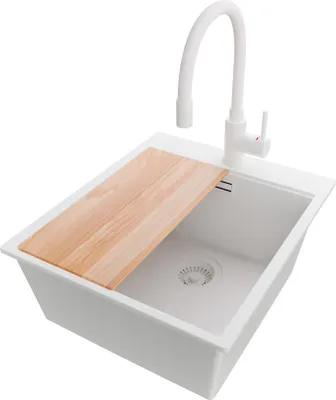 Produktbild von PRIMAGRAN Granitspüle Alles Weiß 43x50cm, Spülbecken 1 Becken + Küchenarmatur 38x14cm + Ablauf-Set + Schneidebrett, Küchenspüle ab 45er Unterschrank - Oslo