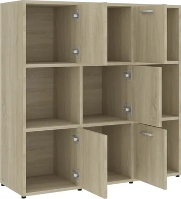 A wooden bookshelf with multiple compartments, some of which have doors.