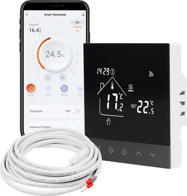 A smart thermostat and a smartphone displaying its app are shown together with a coiled cable.