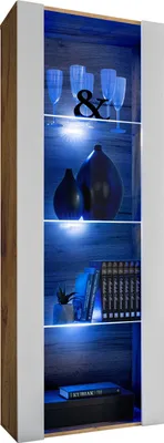 Produktbild von Komodee | Vitrine Schrank Tivoli mit 3 Regalböden, Korpus Wotan Matt Frontfarbe Weiß Matt, LED Blau