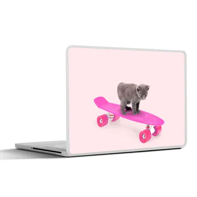 Produktbild von MuchoWow® Laptop Aufkleber Sticker Cover Katze - Kätzchen - Tiere - Skateboard - Rosa 30x22 cm - Laptop-Sticker